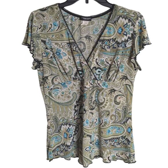 Vintage 90s Perseption Concept Blue Green Paisley Floral Lettuce Edge Top M - Picture 2 of 5